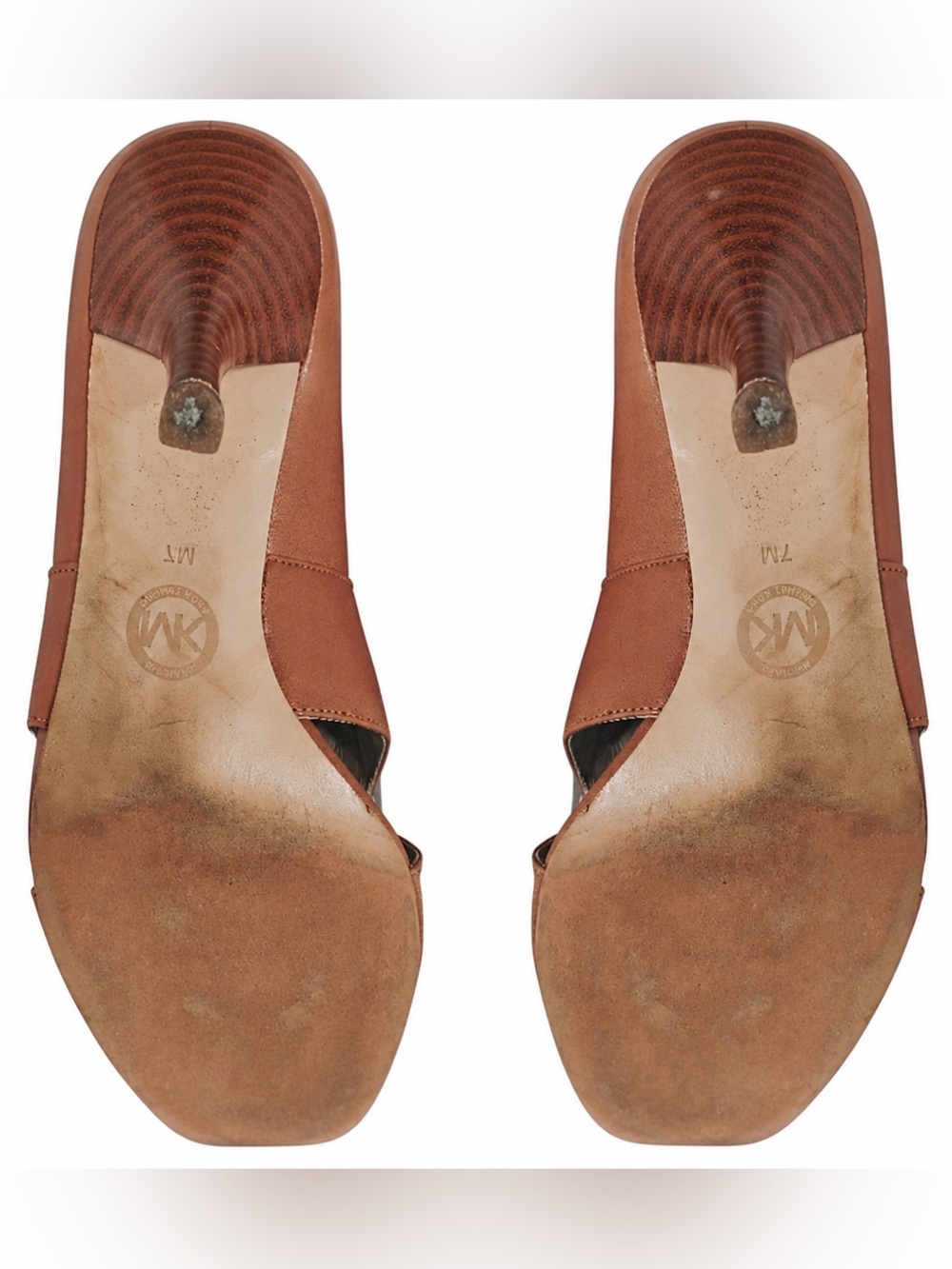 Michael Kors MK Plate Open Toe Cognac Leather Booties Heels Shoes Luggage Tan 7 - Picture 10 of 10